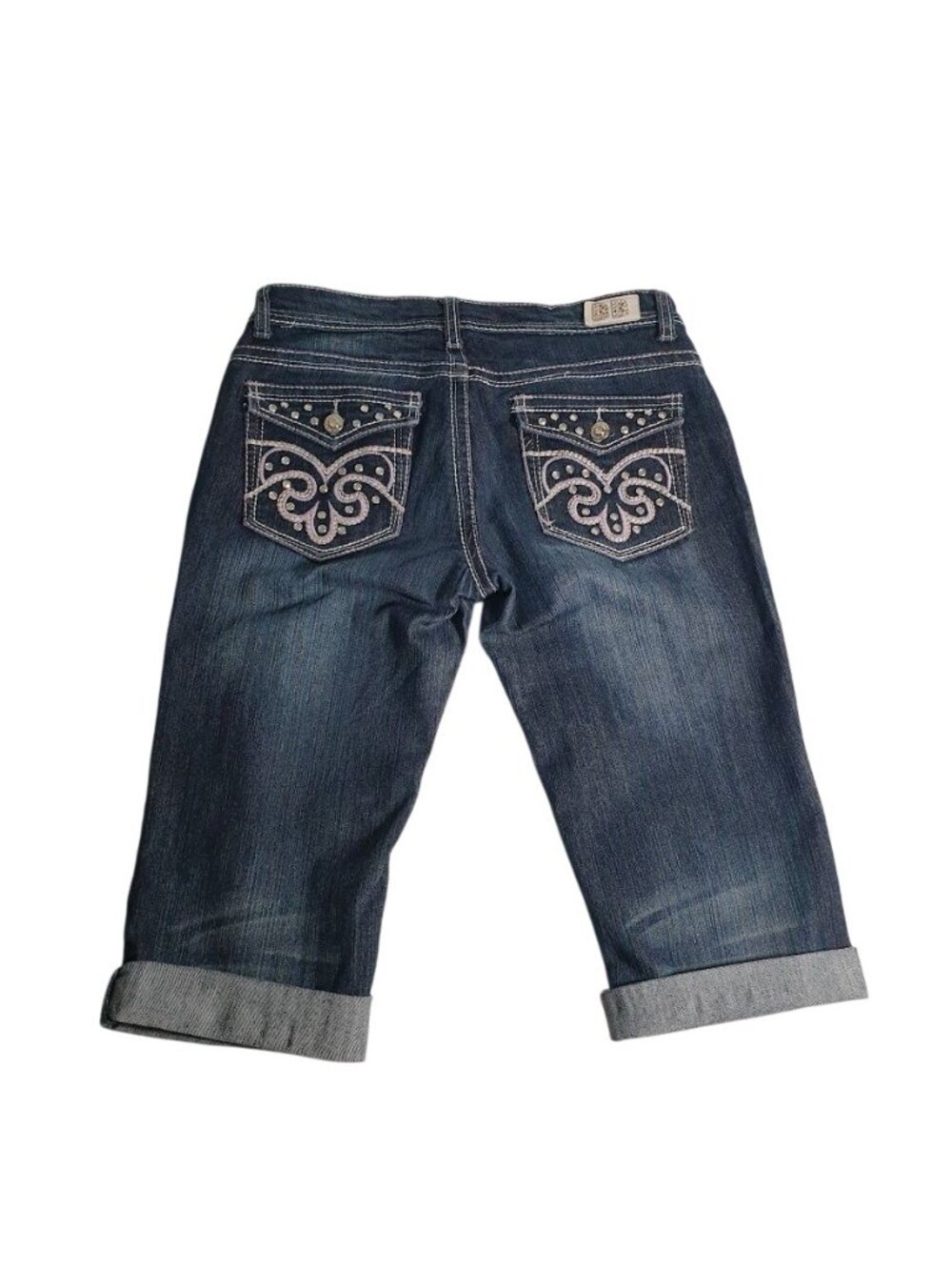 BB Jeans Capri Denim Pants Cuffed Rhinestone Pocket Mid Wash Stretch Size 11